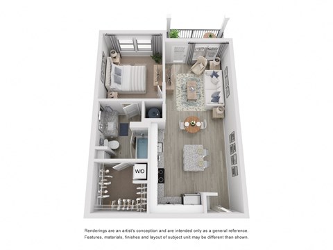 a stylized floor plan with a bedroom and a living room